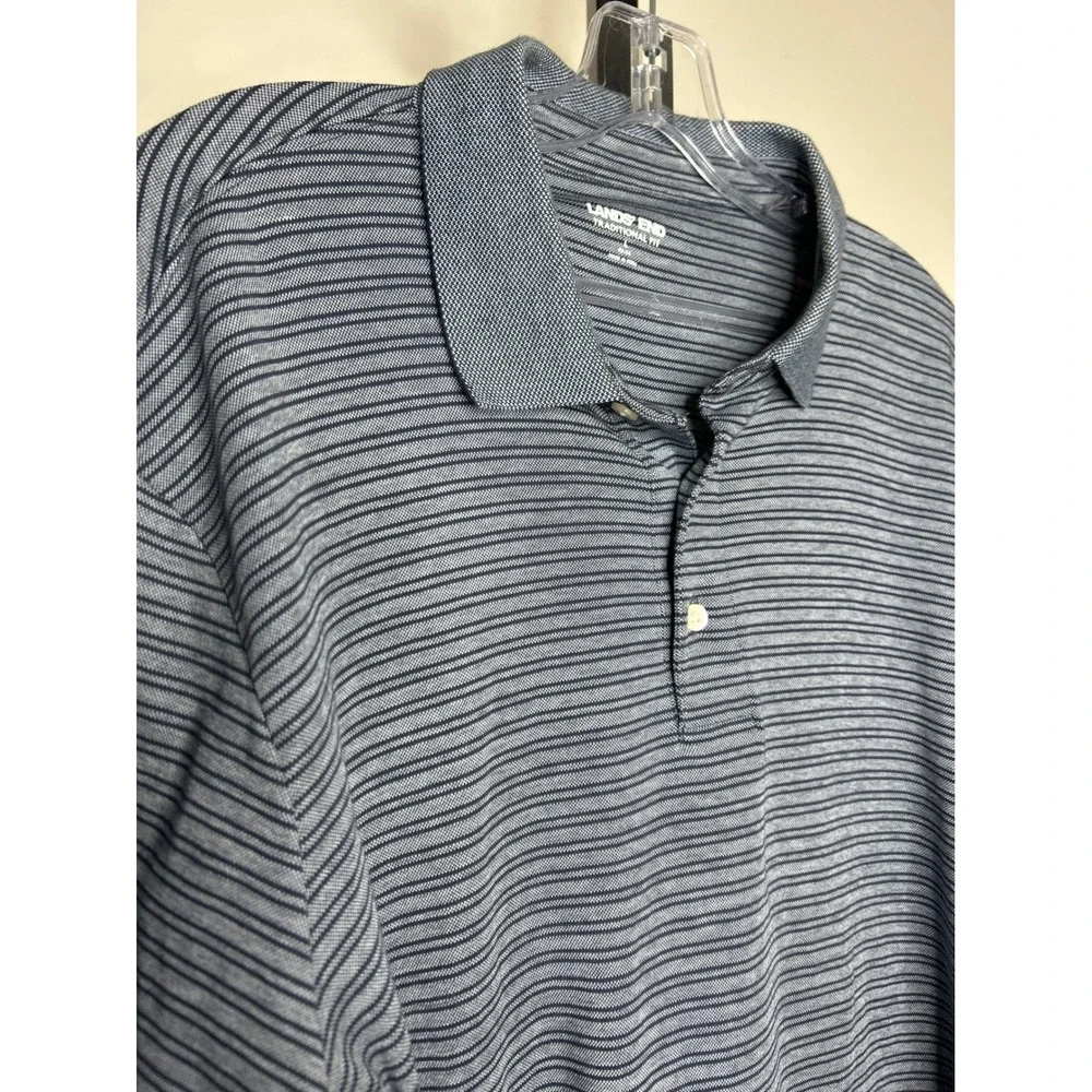 Lands End Mens L Traditional Fit Blue Stripe Short Sleeve Polo Shirt Golf Casual